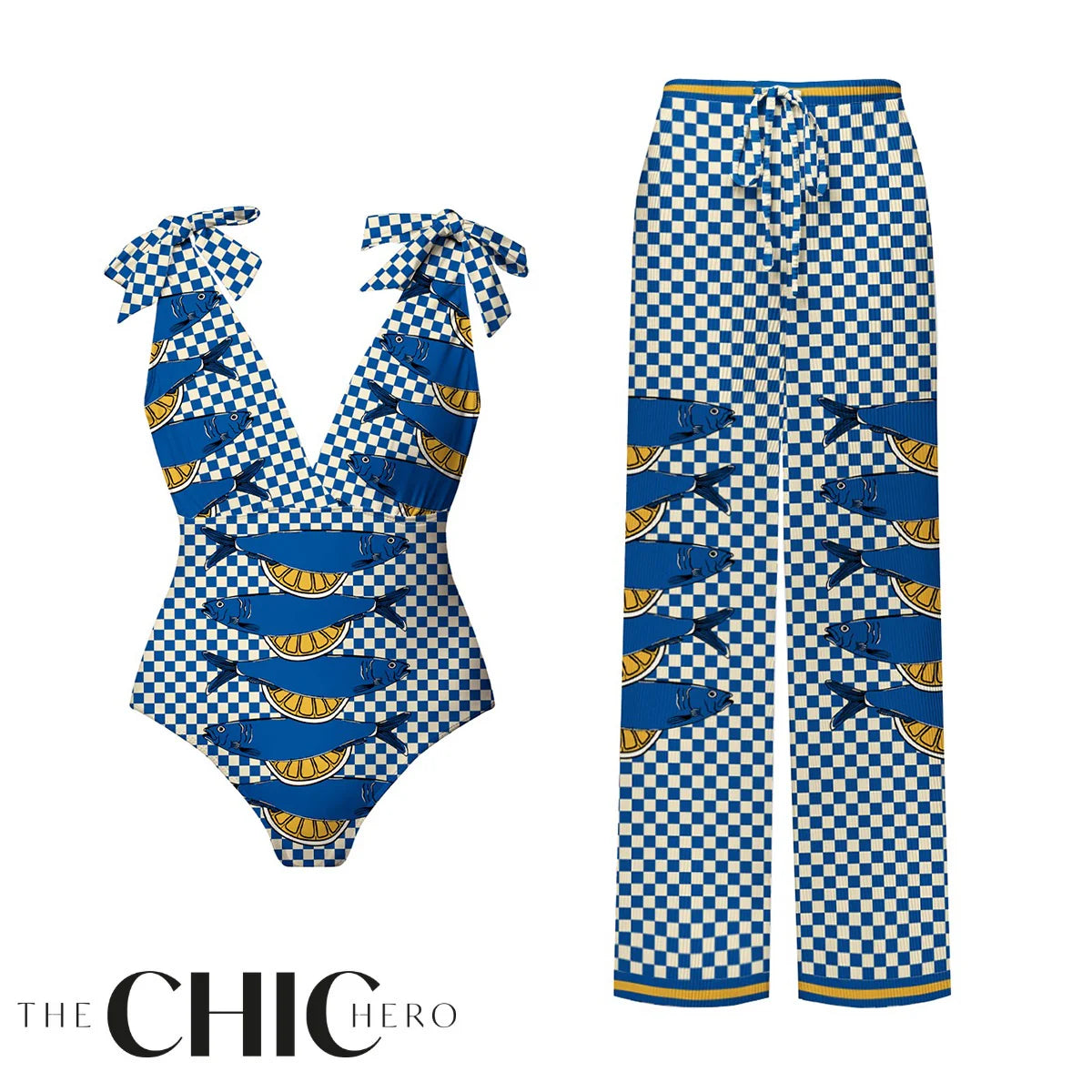 Nautical Checkered Sardine & Lemon One-Piece Swimsuit&Pants