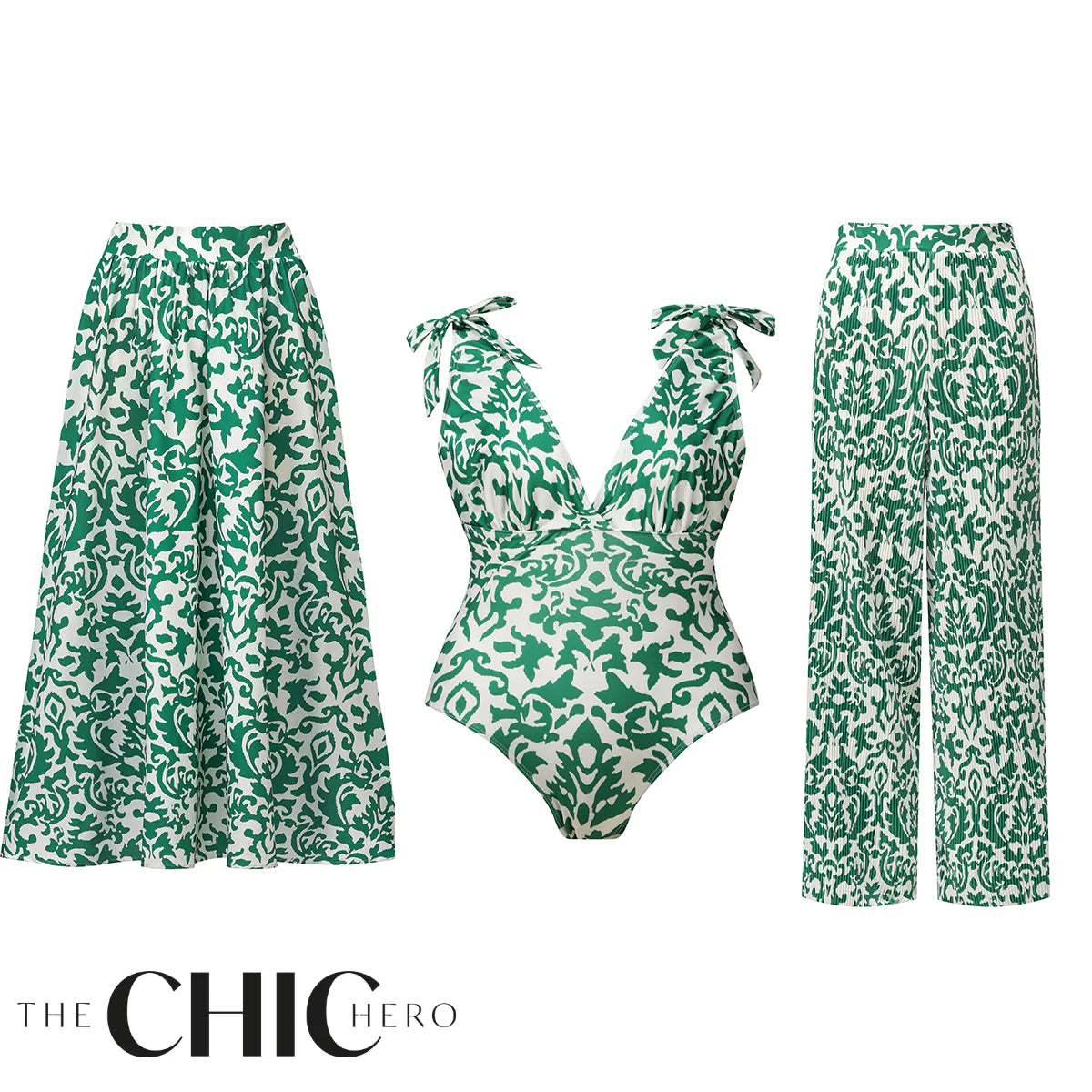 Green Boho Breeze Floral Tie-shoulder One Piece Swimsuit&Skirt&Pants