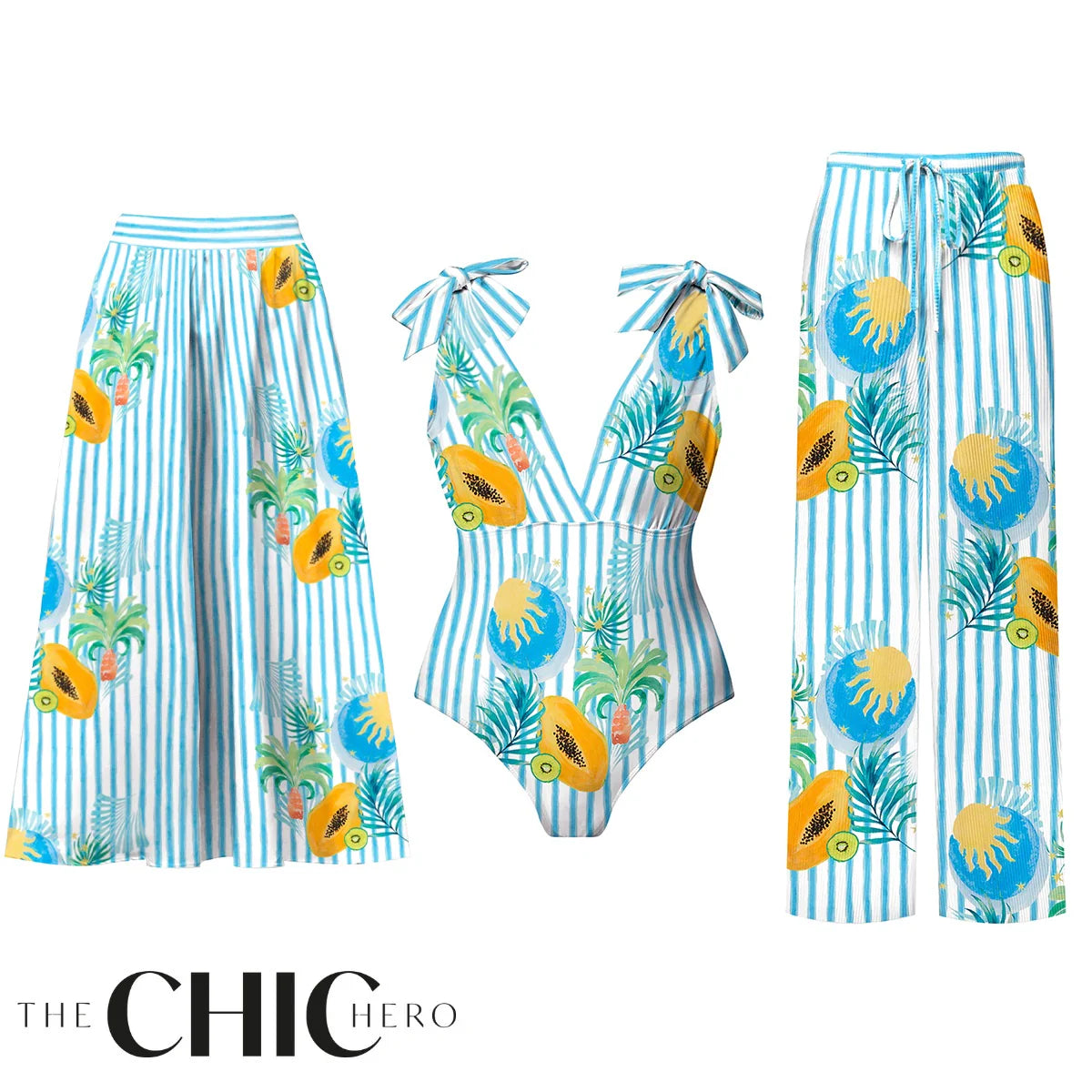 Striped Tropical Papaya Print Boho Island Style One-Piece Swimsuit&Skirt&Pants