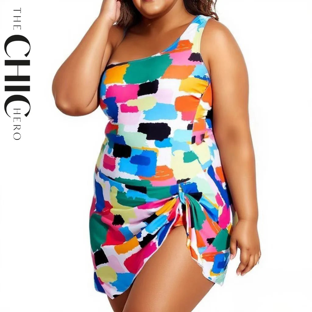 Multicolor Puzzle One Shoulder One-Piece Swimsuit with Skirt