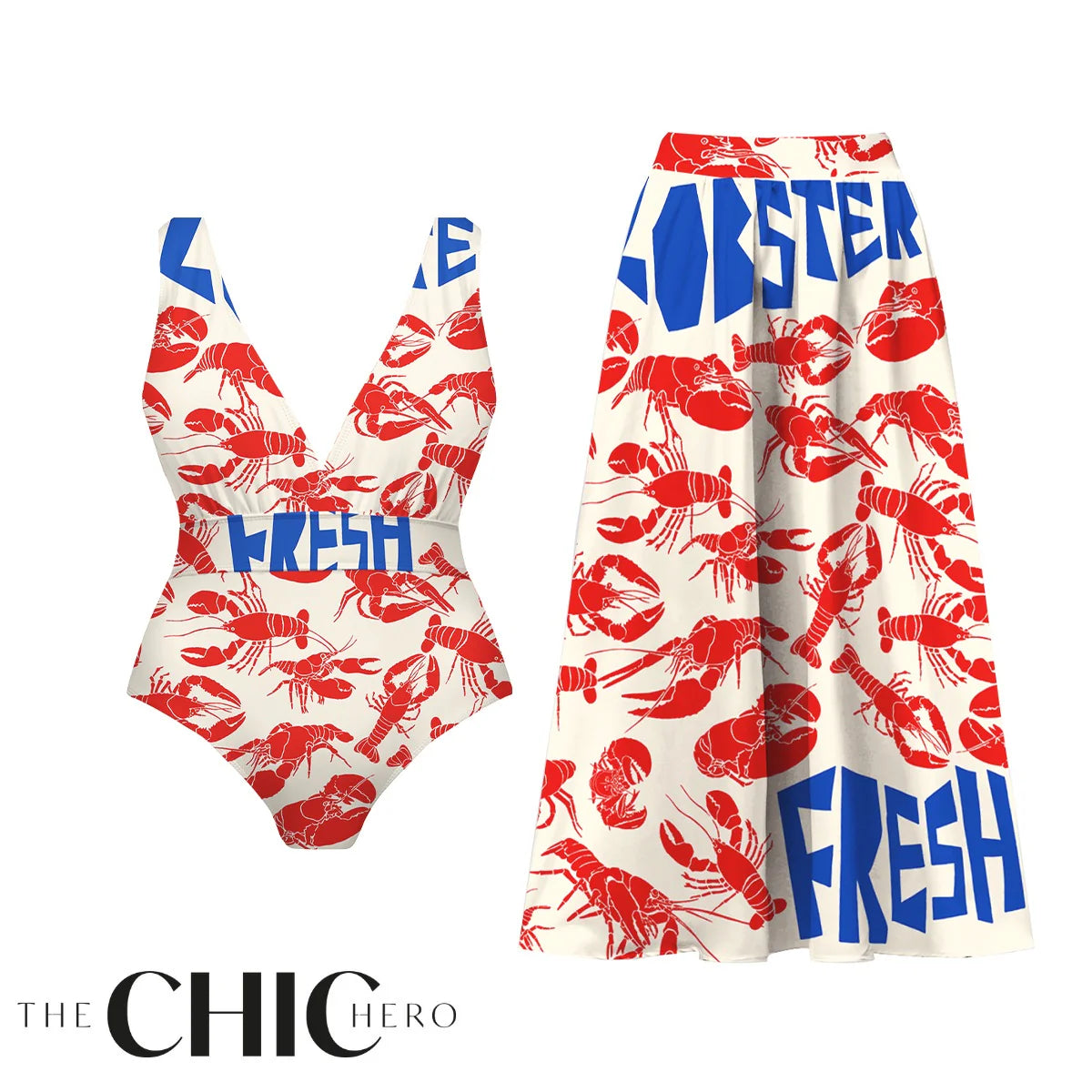 Seafood Lobster Crustacean Chic One-Piece Swimsuit&Skirt
