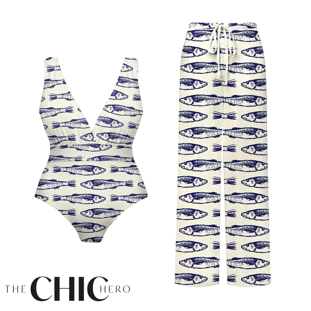 Nautical Blue Fish Print Deep V One-Piece Swimsuit&Pants