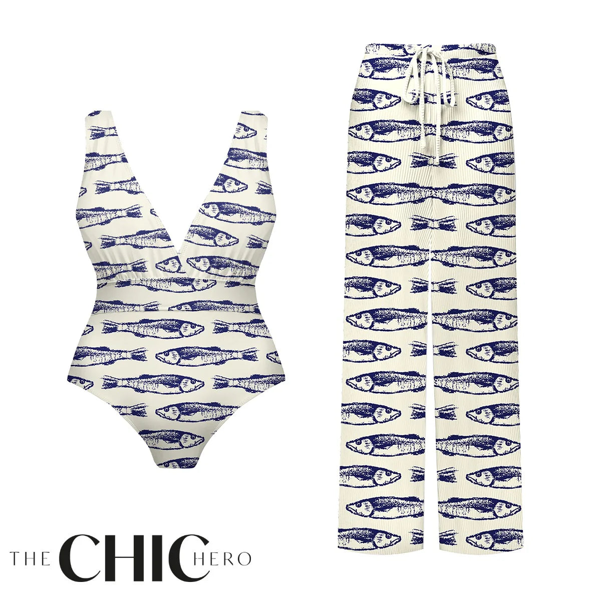 Nautical Blue Fish Print Deep V One-Piece Swimsuit&Pants