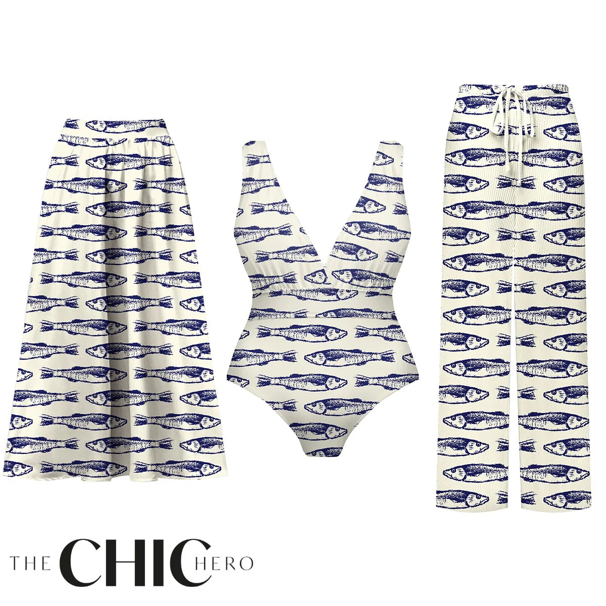 Nautical Blue Fish Print Deep V One-Piece Swimsuit&Skirt&Pants
