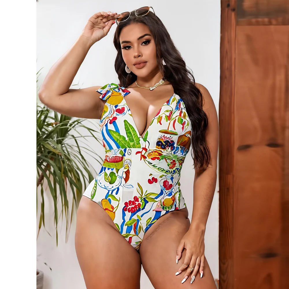Fruit Food Patterned Colorful Tropical Feast Print One-Piece Swimsuit&Skirt