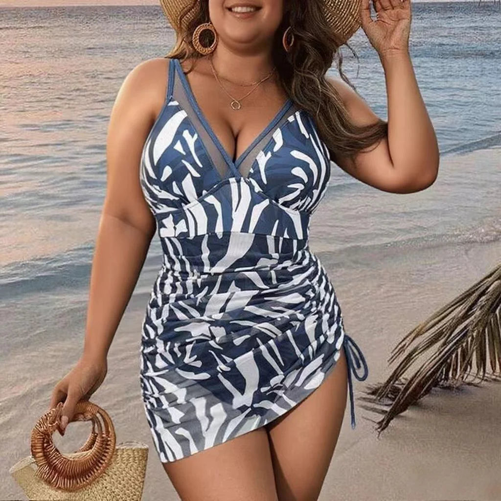 Blue Mesh Sheer Sarong Wraps V Neck One-Piece Swimsuit