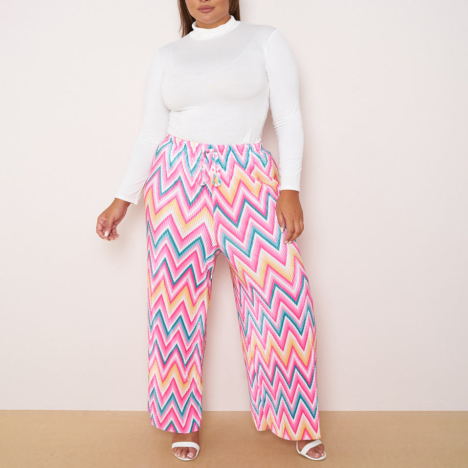 Multi Geometric Patterns Abstract Print Wide-Leg Drawstring Palazzo Pleated Pants