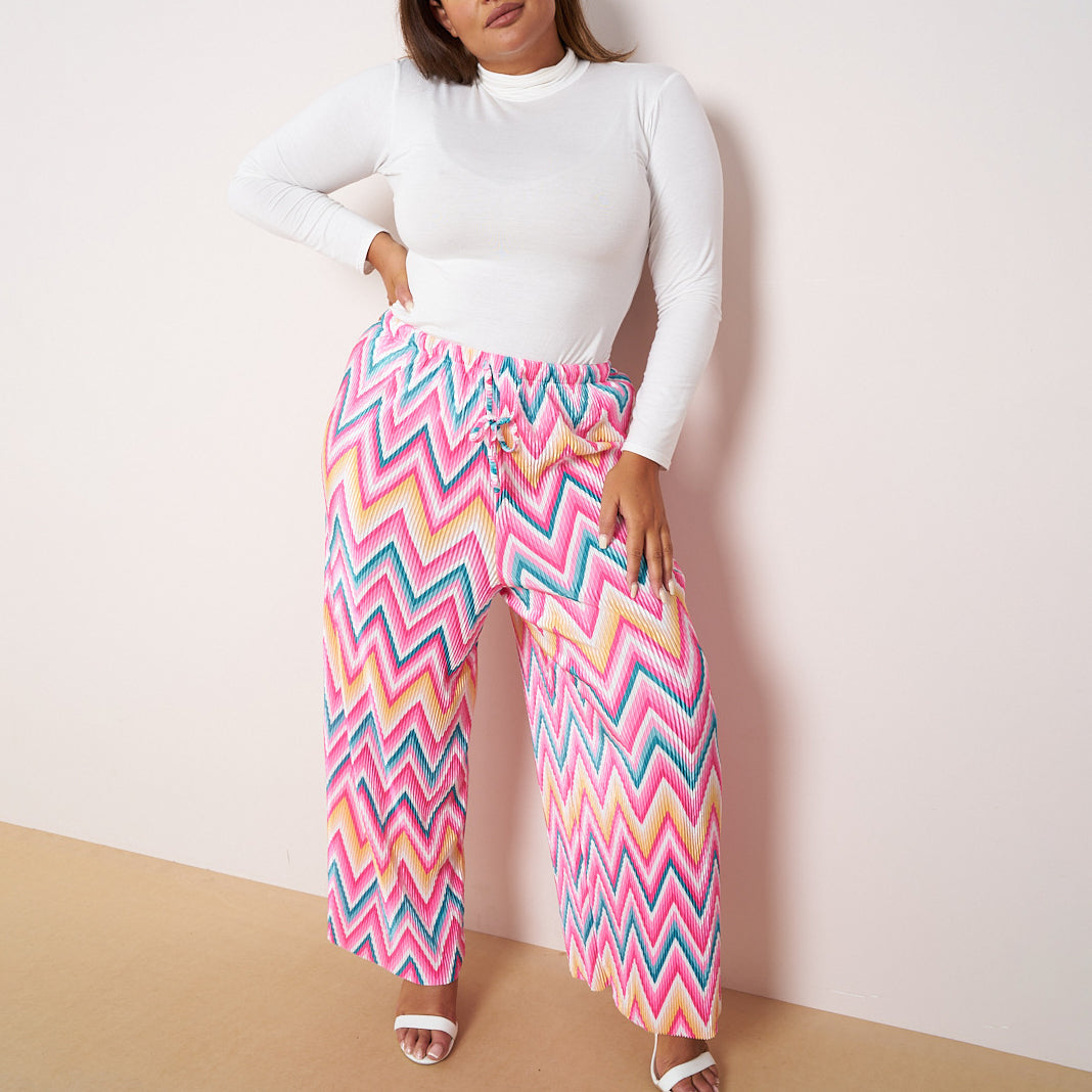 Multi Geometric Patterns Abstract Print Wide-Leg Drawstring Palazzo Pleated Pants