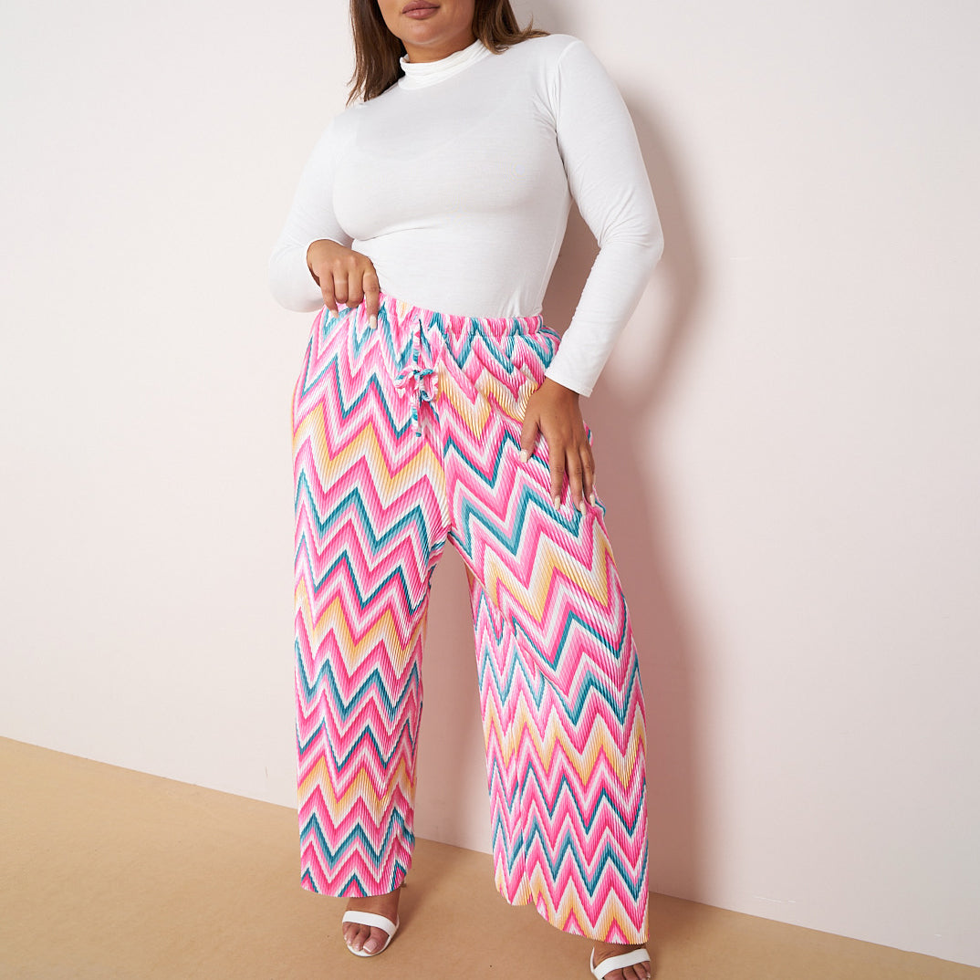 Multi Geometric Patterns Abstract Print Wide-Leg Drawstring Palazzo Pleated Pants