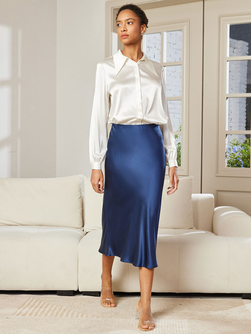 19Momme Pure Silk Stretch Long Straight Skirt
