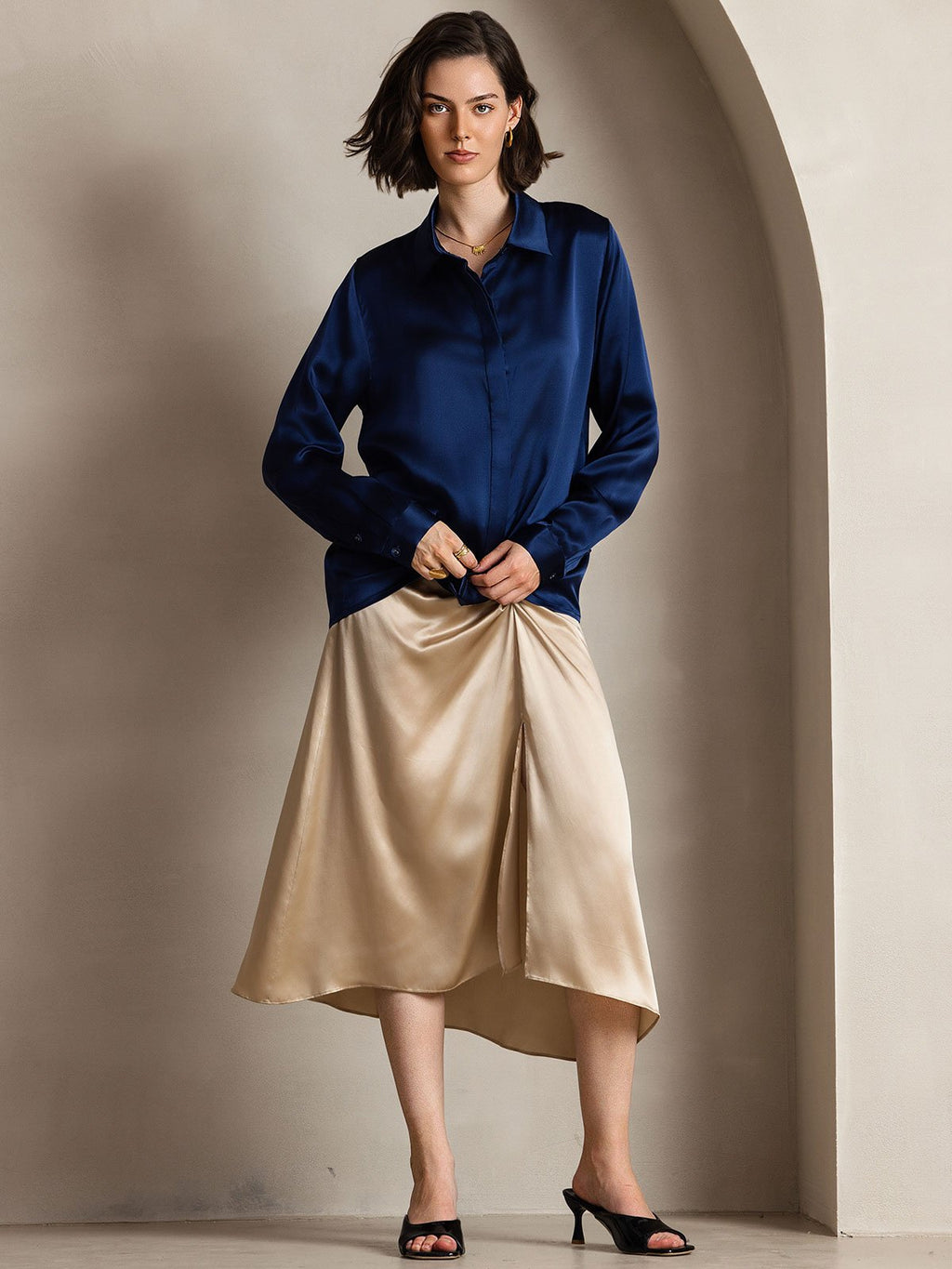 19Momme Silk Long Sleeve Lapel Collar Women's Shirt