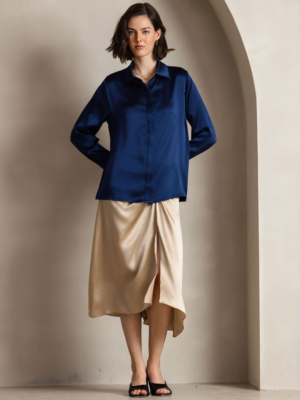19Momme Silk Long Sleeve Lapel Collar Women's Shirt