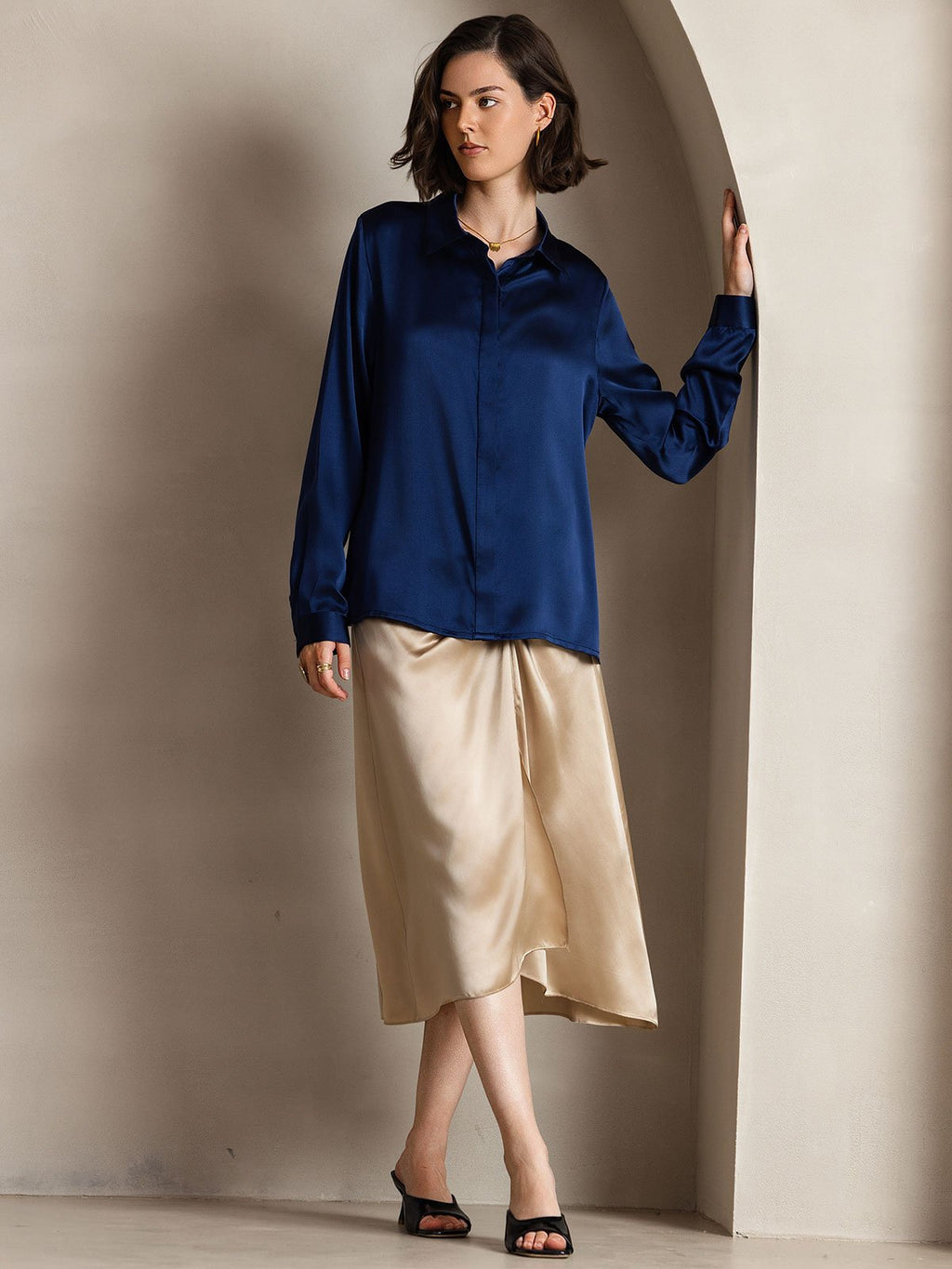 19Momme Silk Long Sleeve Lapel Collar Women's Shirt