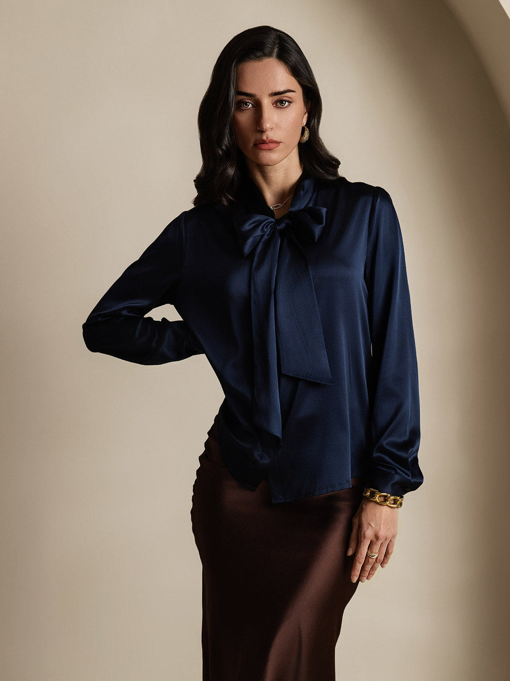 19Momme Silk Long Sleeve Tie Neck Blouse