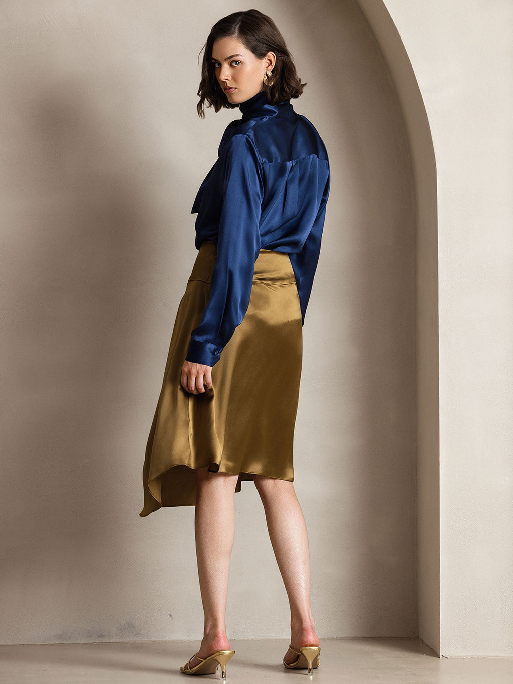 19Momme Silk Long Sleeve High Neck Bow Tie Blouse