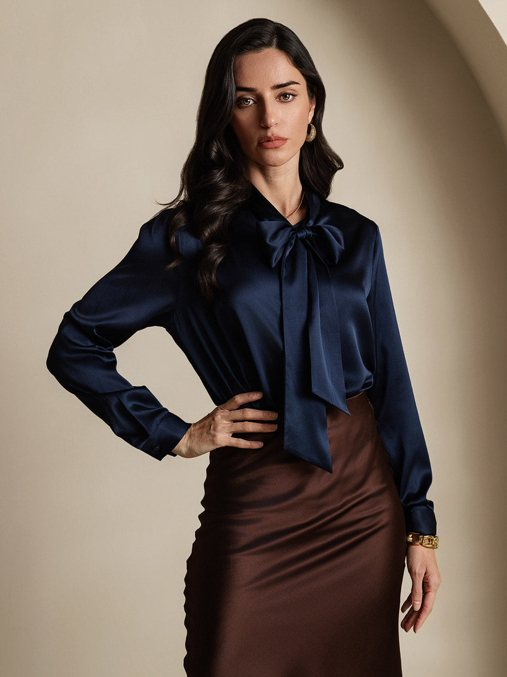 19Momme Silk Long Sleeve Tie Neck Blouse