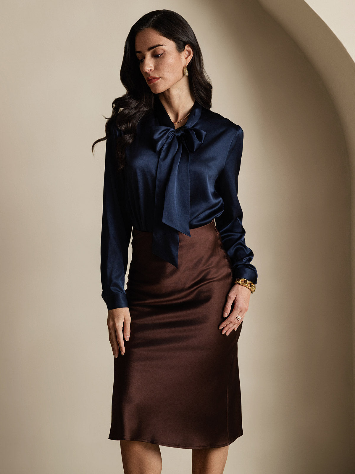 19Momme Silk Long Sleeve Tie Neck Blouse