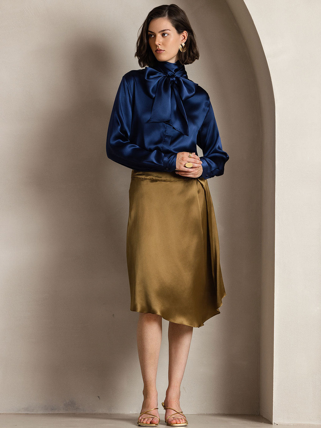 19Momme Silk Long Sleeve High Neck Bow Tie Blouse
