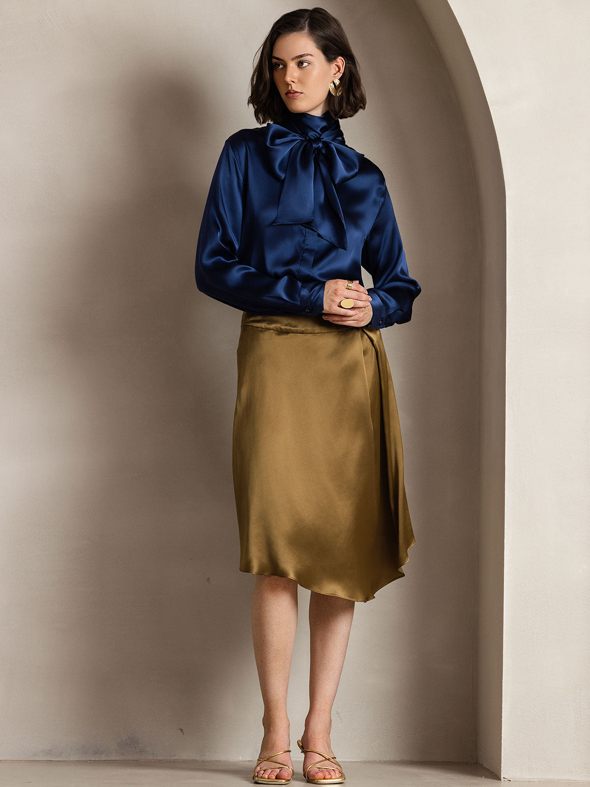 19Momme Silk Long Sleeve High Neck Bow Tie Blouse