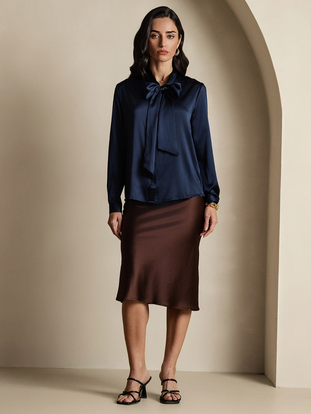 19Momme Silk Long Sleeve Tie Neck Blouse