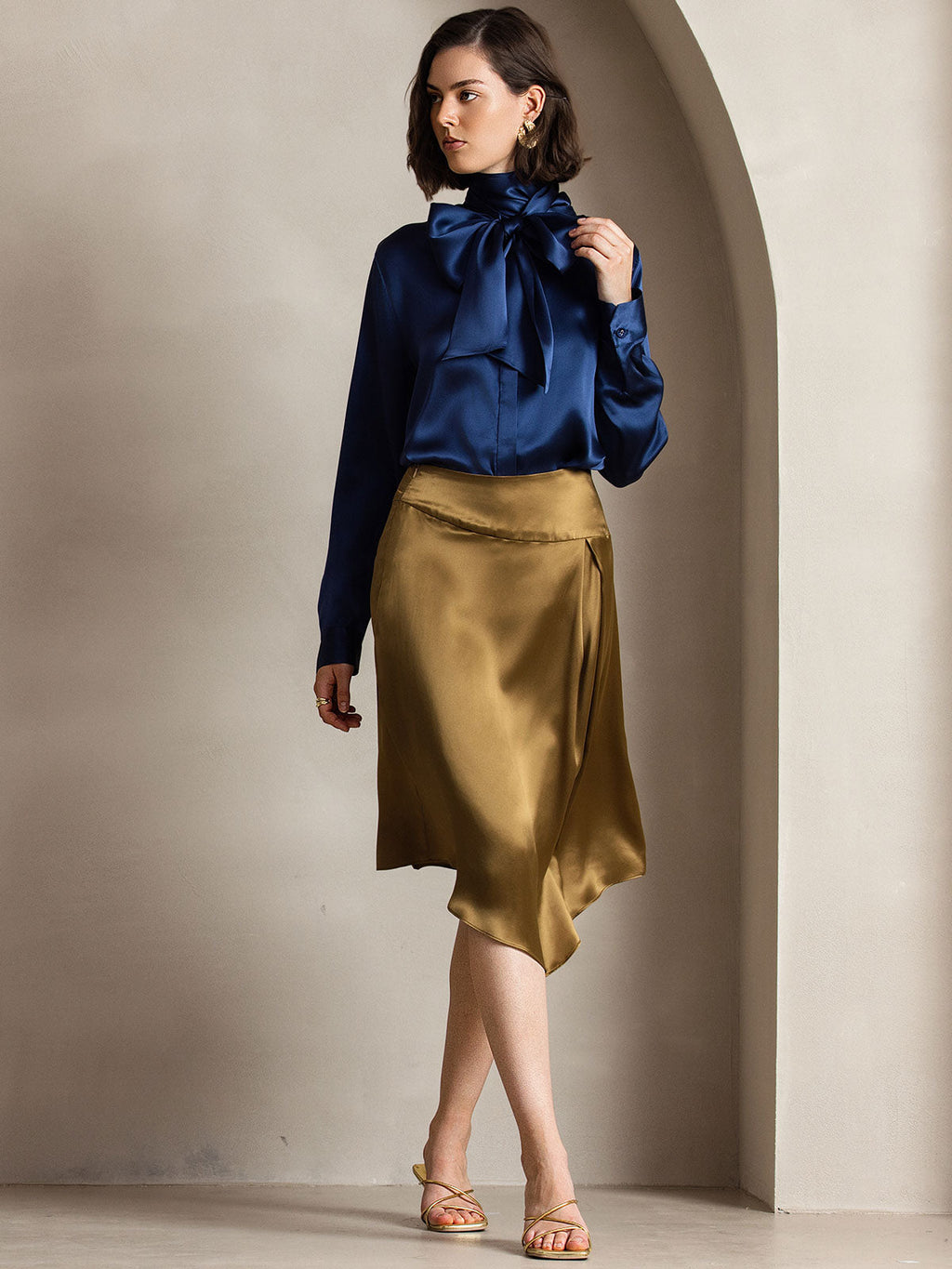 19Momme Silk Long Sleeve High Neck Bow Tie Blouse