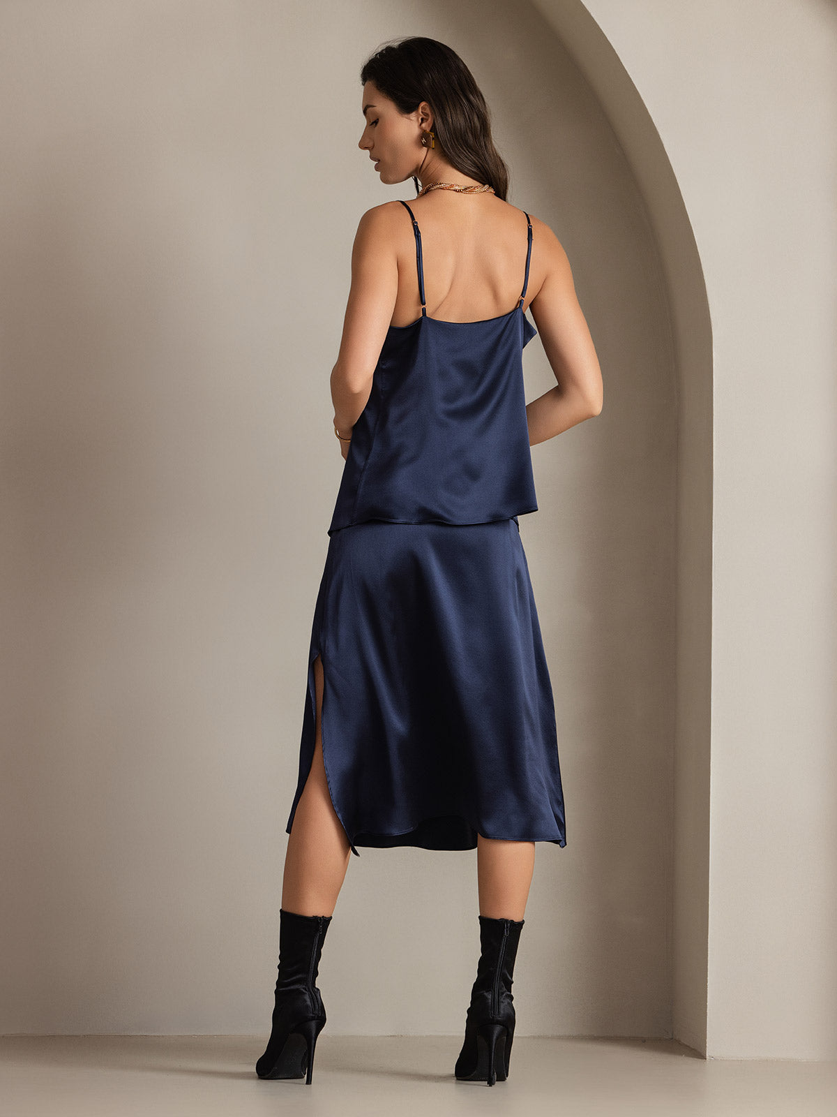 19Momme Silk A Line Long Slit Skirt with Zipper Design