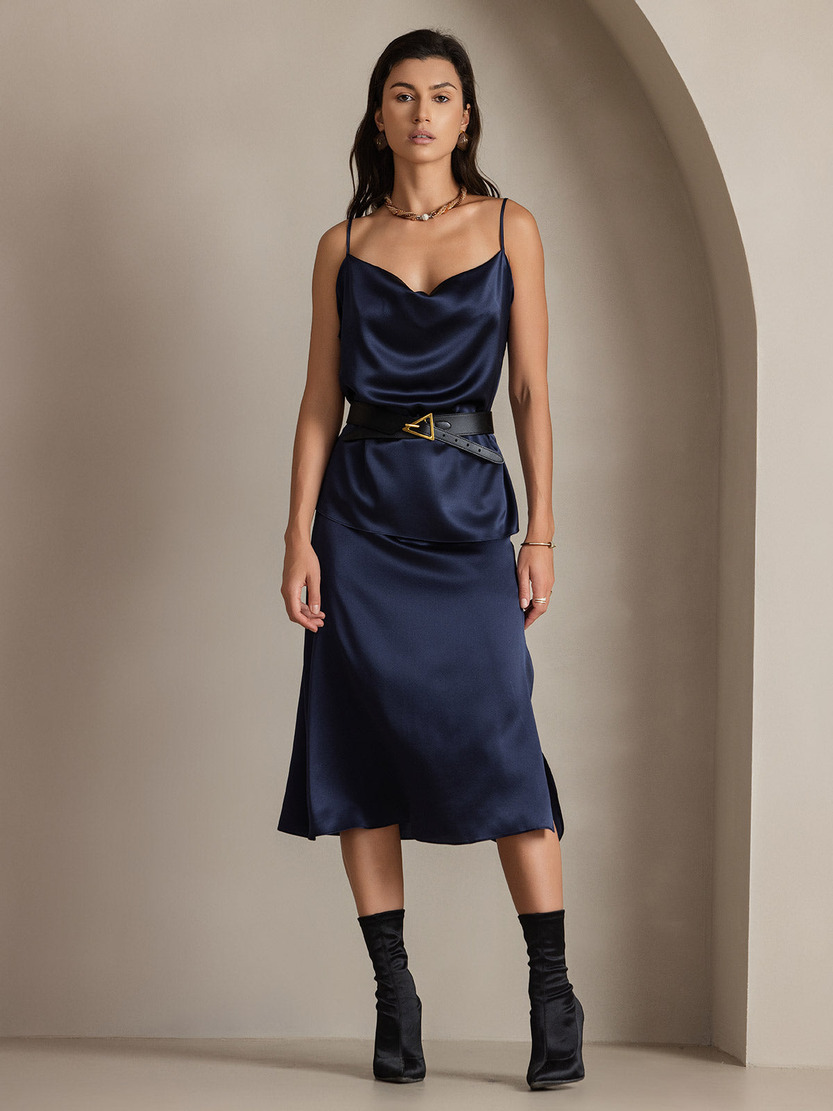 19Momme Silk A Line Long Slit Skirt with Zipper Design