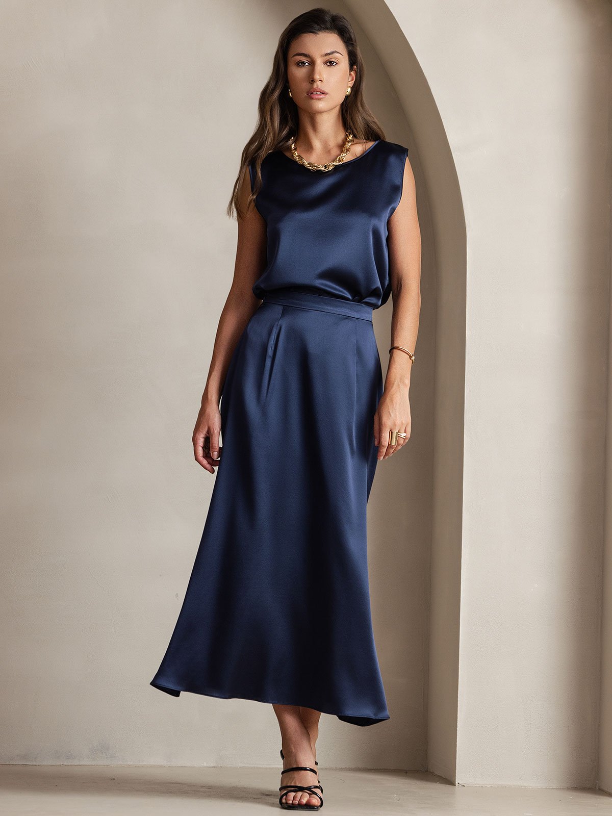 19Momme Silk A Line Maxi Skirt with Zipper Design