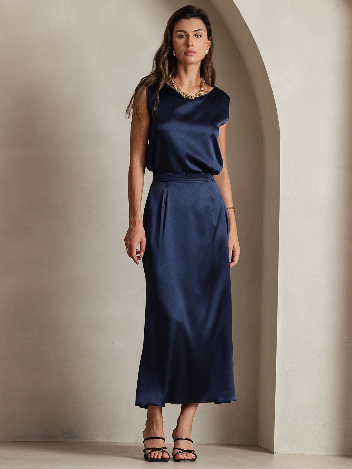 19Momme Silk A Line Maxi Skirt with Zipper Design