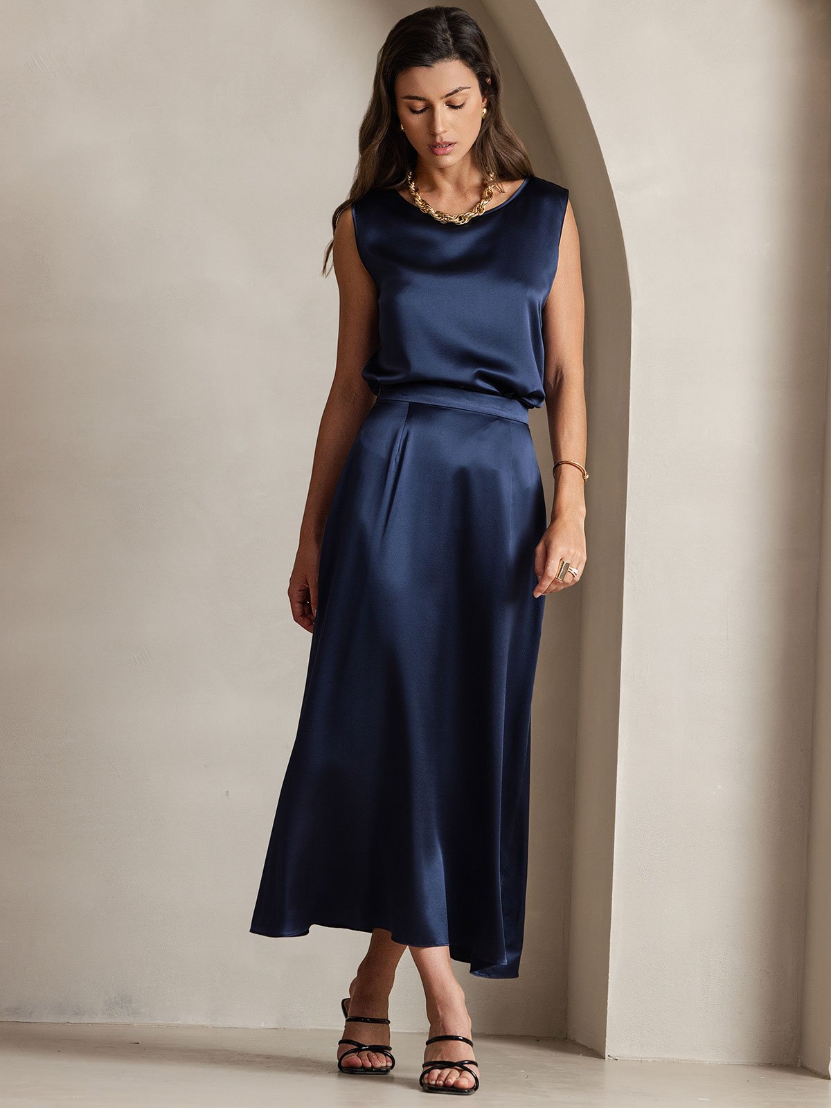 19Momme Silk A Line Maxi Skirt with Zipper Design