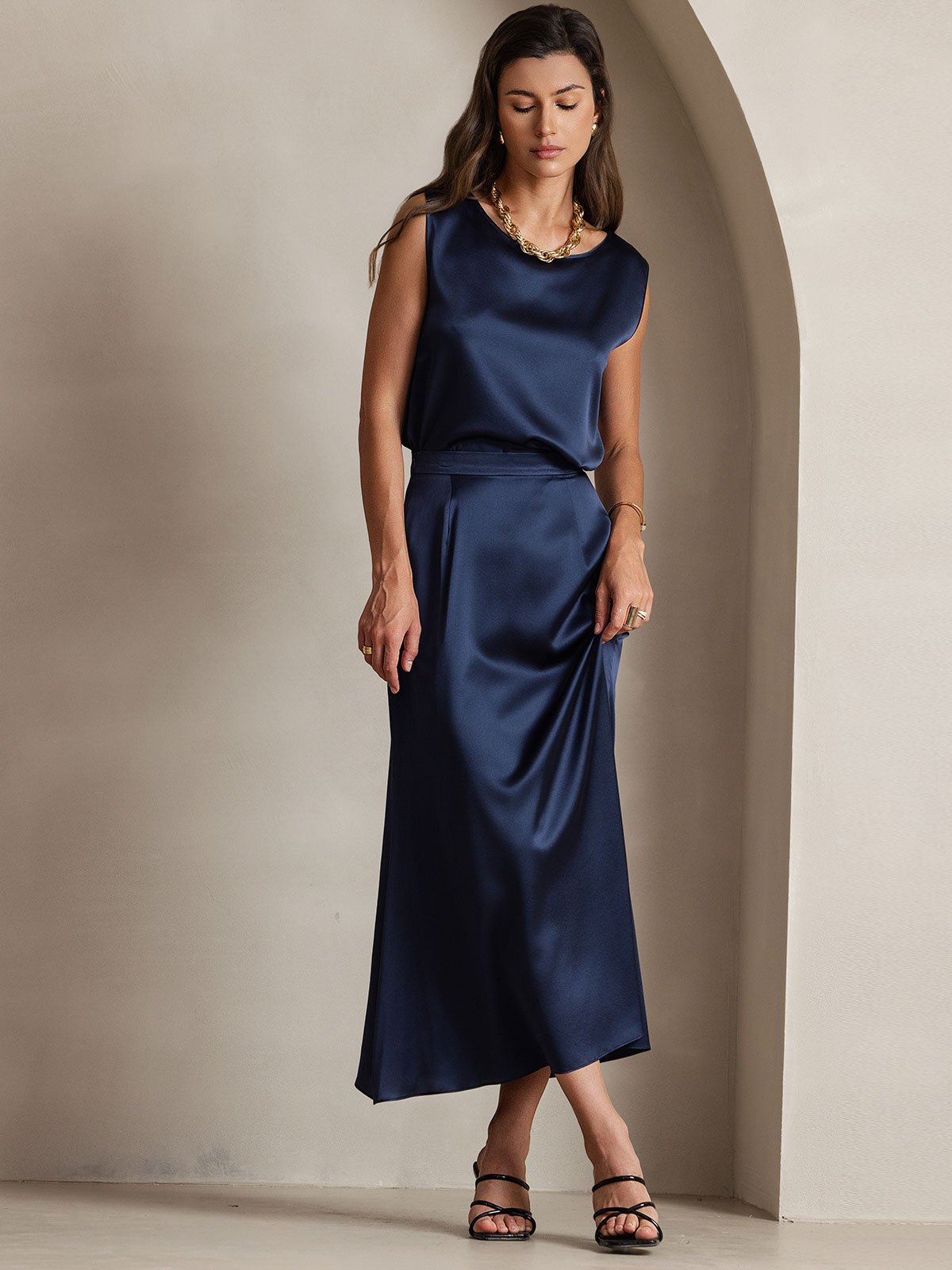 19Momme Silk A Line Maxi Skirt with Zipper Design