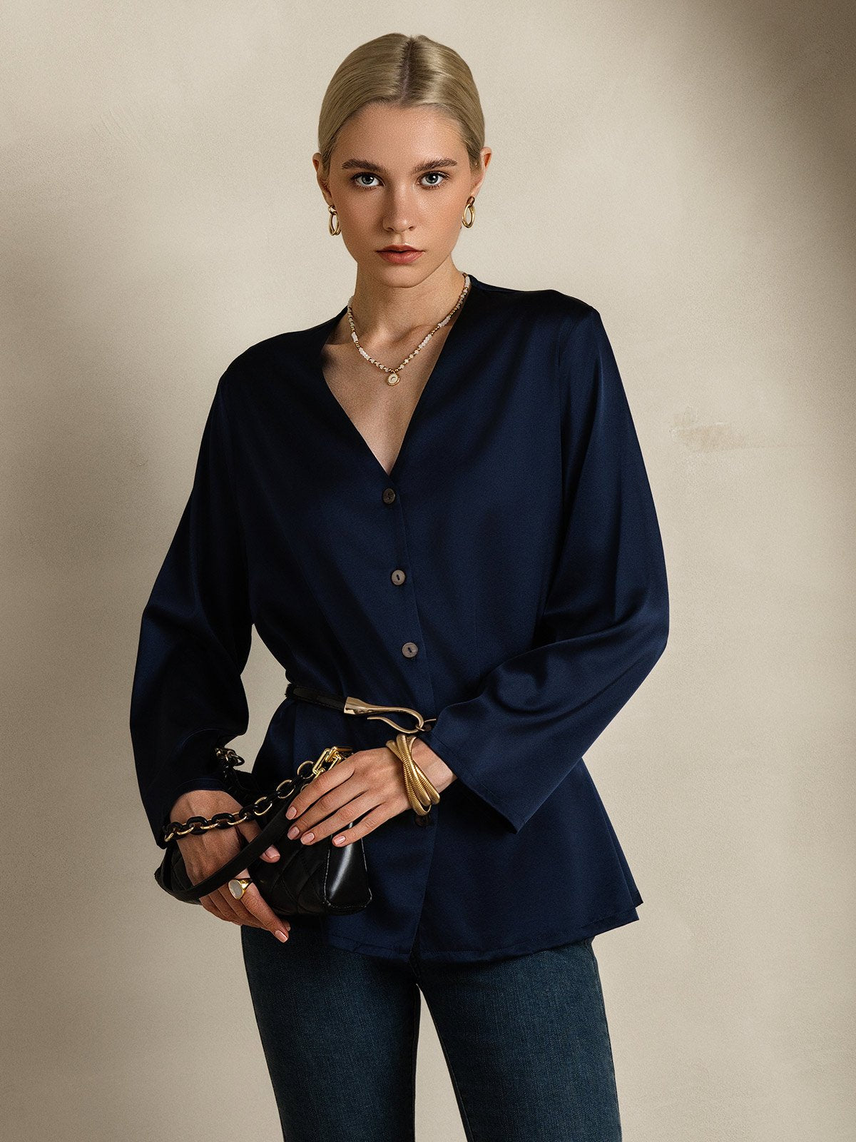 19Momme Silk Long Sleeve V-Neck Blouse