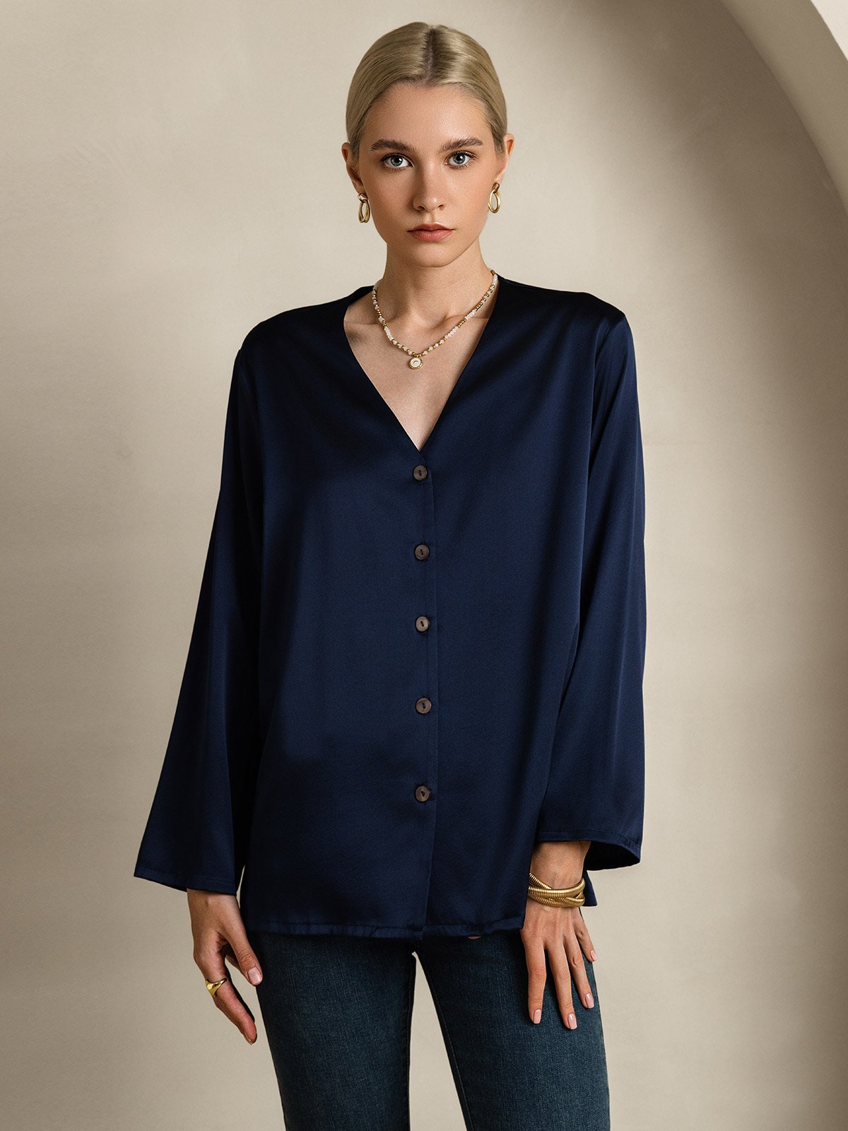 19Momme Silk Long Sleeve V-Neck Blouse