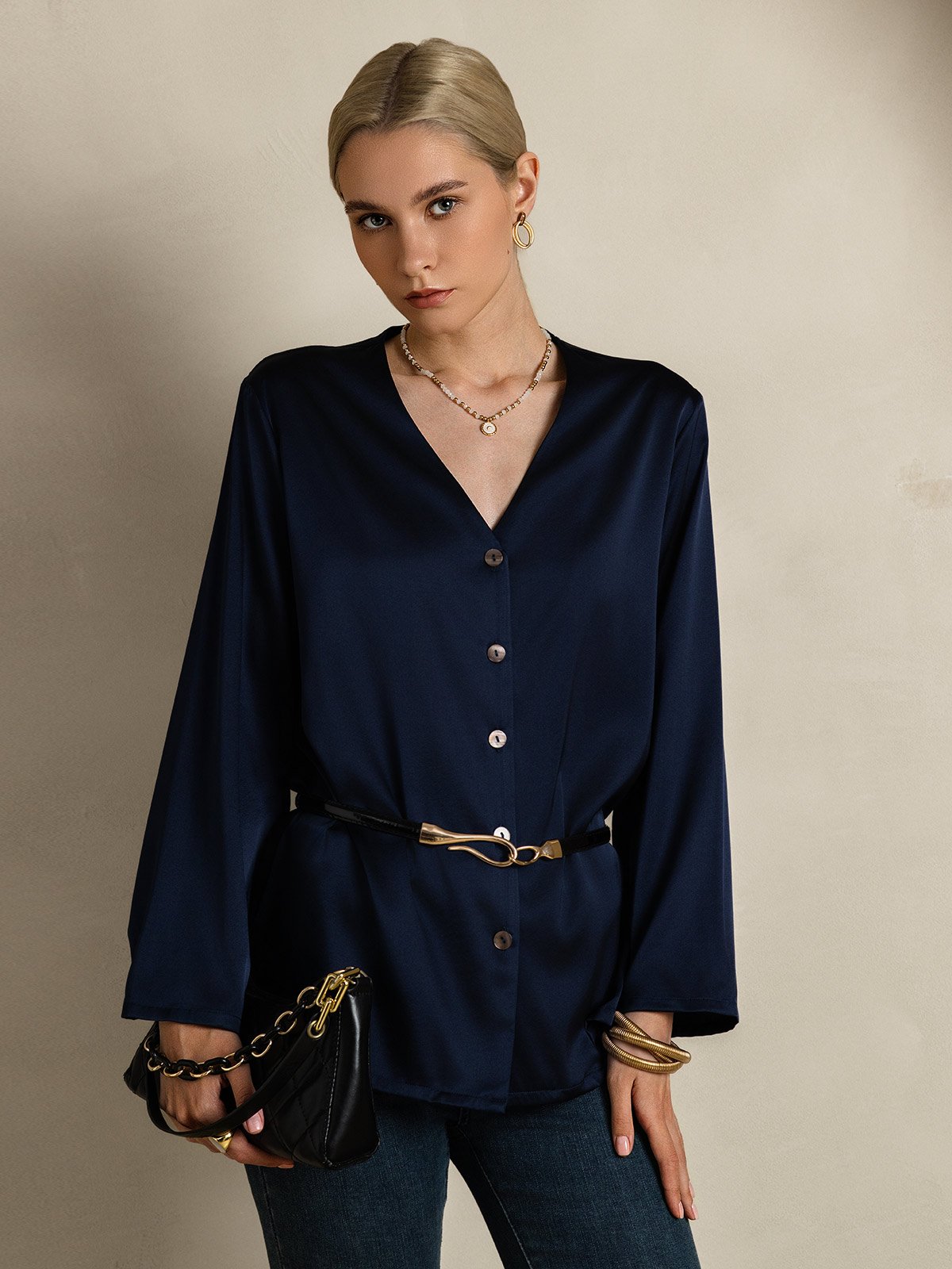 19Momme Silk Long Sleeve V-Neck Blouse