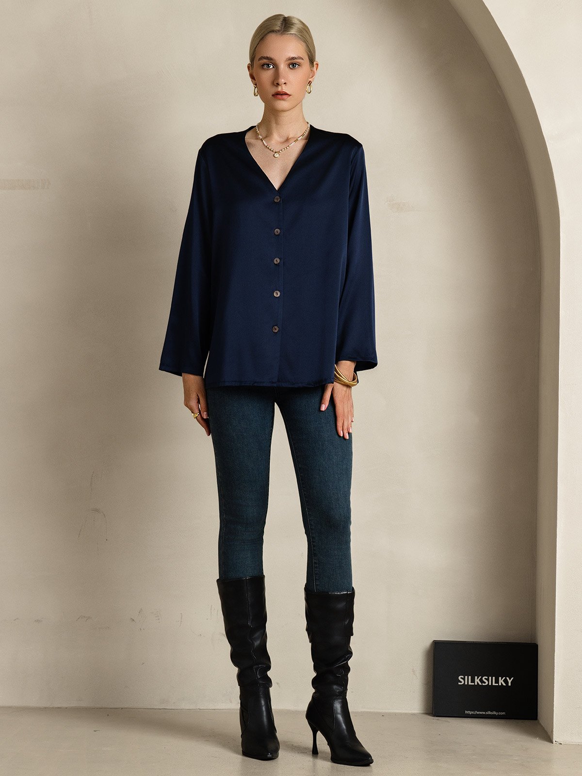 19Momme Silk Long Sleeve V-Neck Blouse