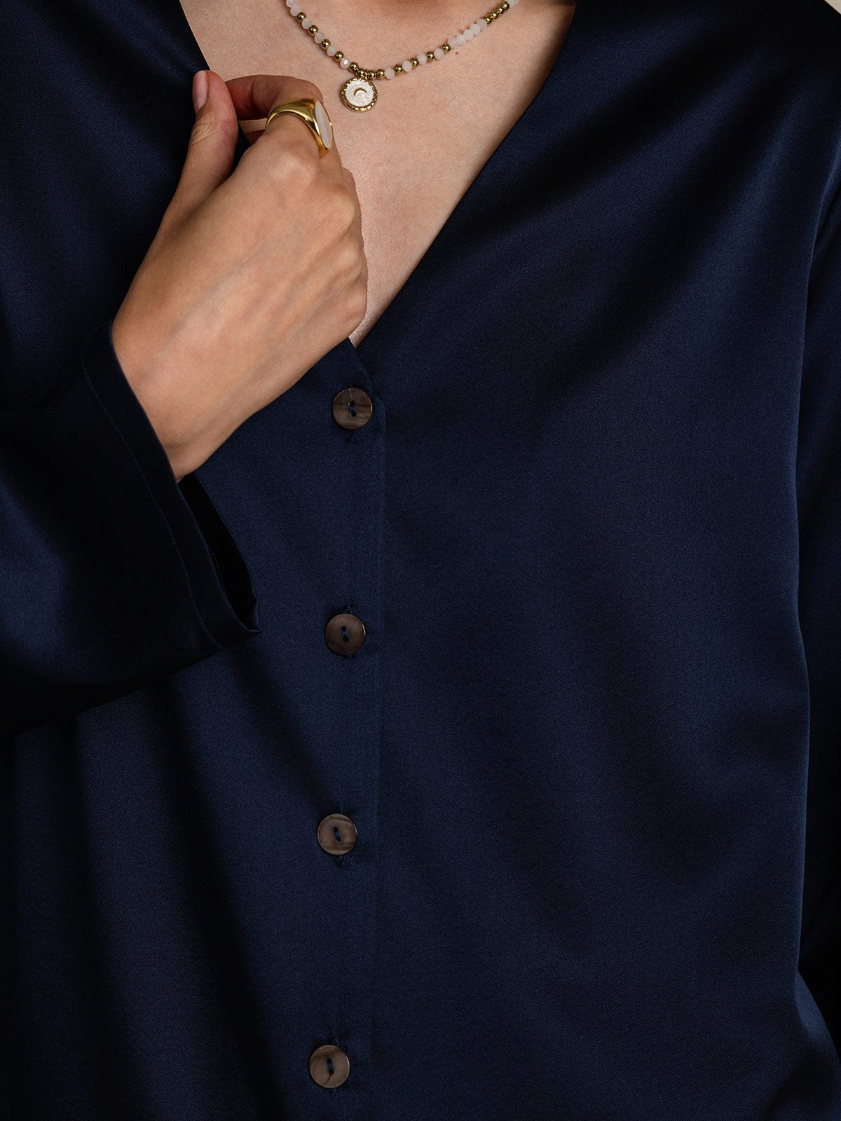 19Momme Silk Long Sleeve V-Neck Blouse