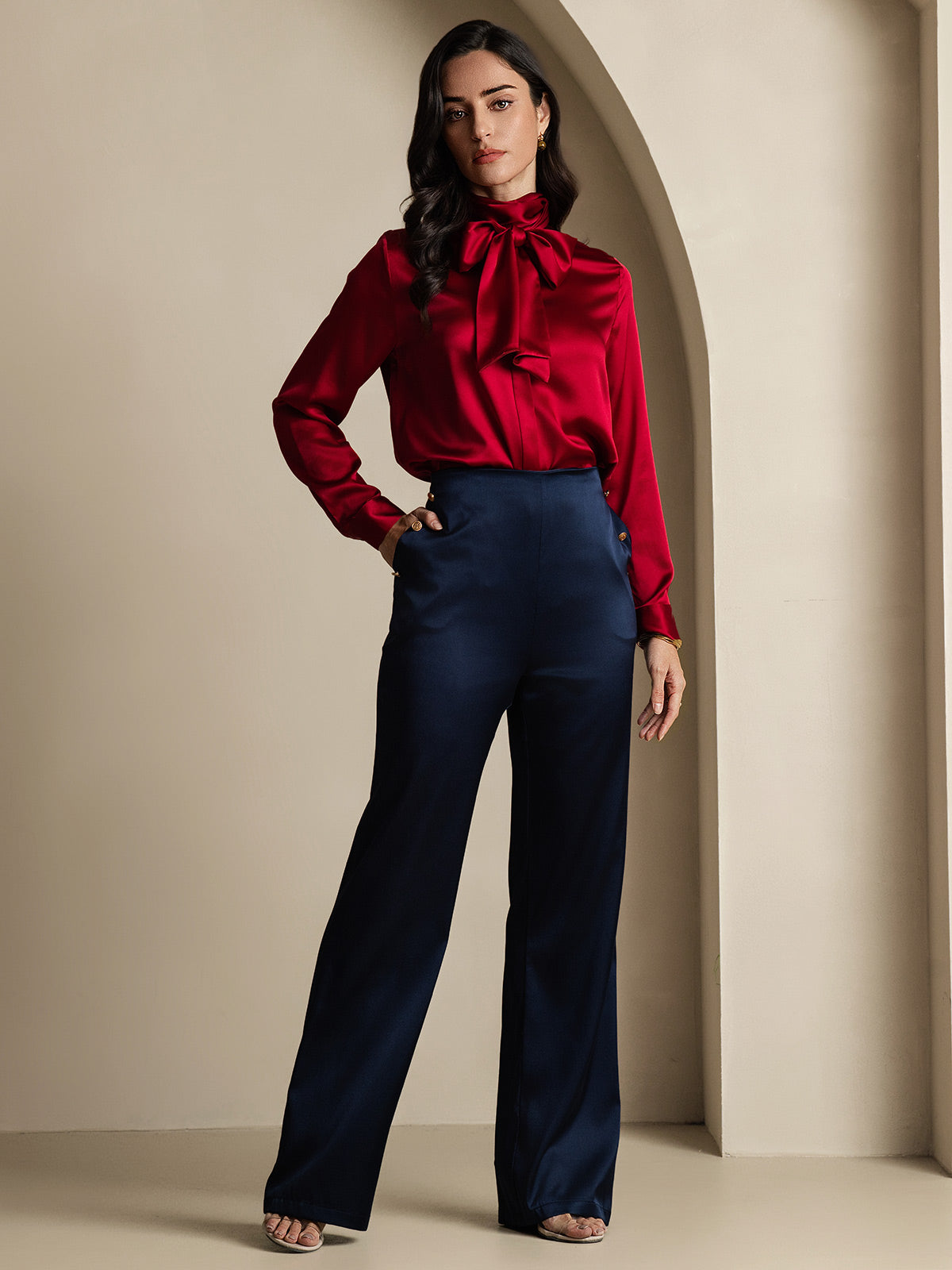 Women's 19Momme Silk High Waist Pants with Back Elastic Waist Design