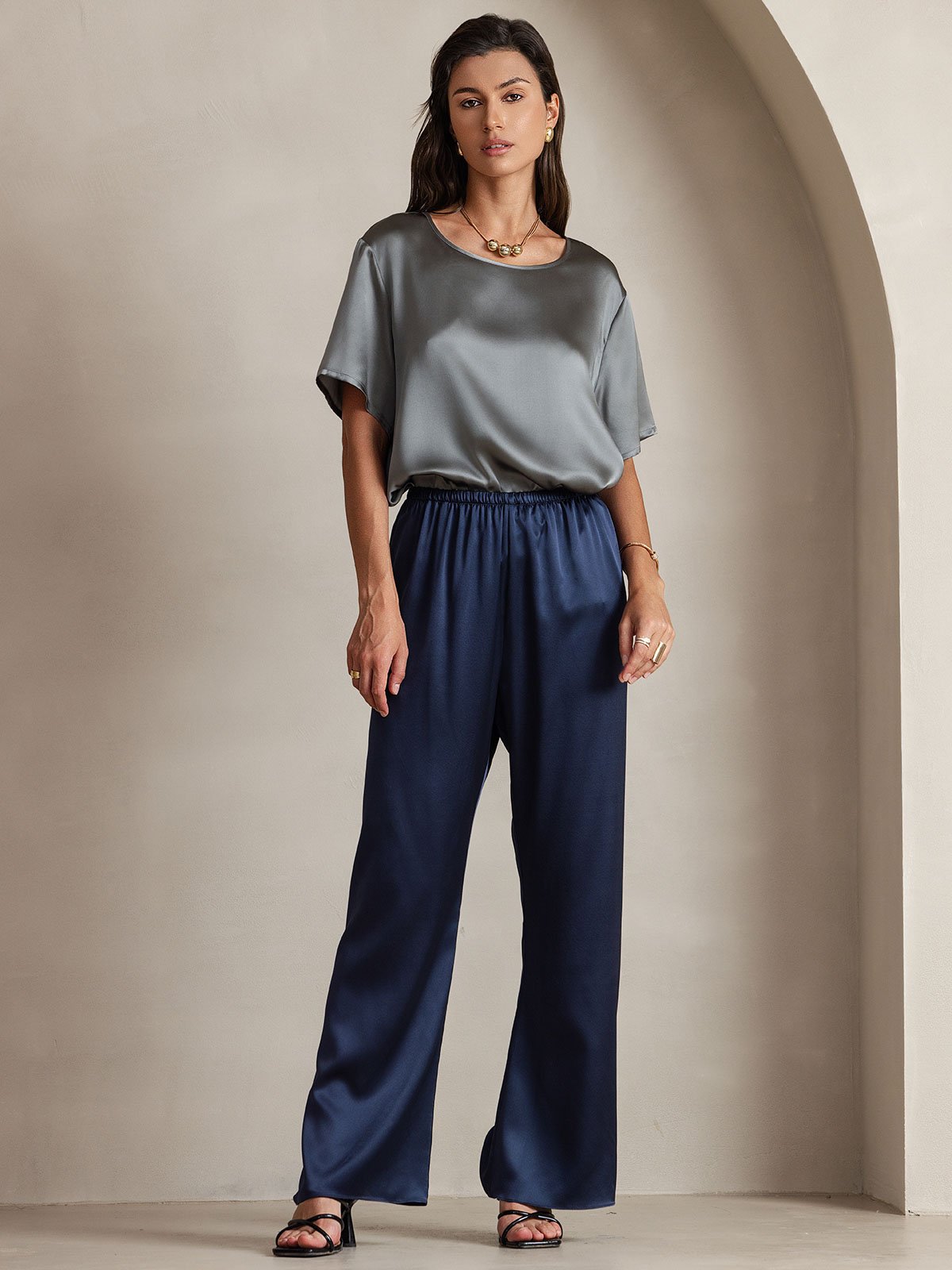 19Momme Silk Wide Leg Women's Pants with Elastic Waist Design