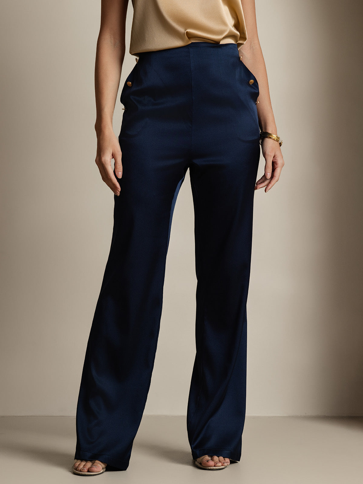 Women's 19Momme Silk High Waist Pants with Back Elastic Waist Design