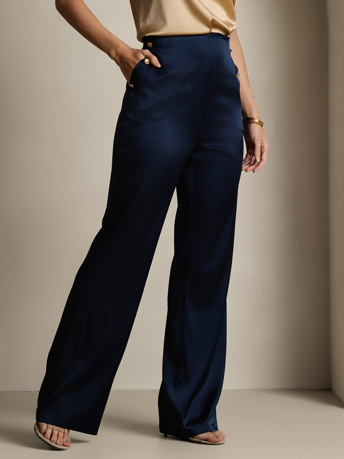 Women's 19Momme Silk High Waist Pants with Back Elastic Waist Design