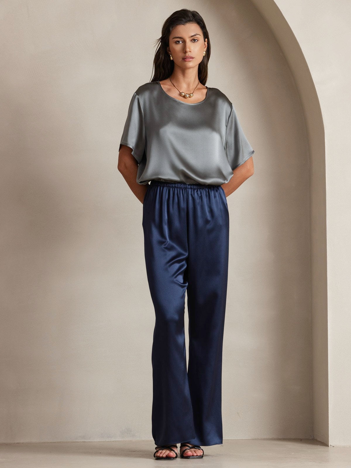 19Momme Silk Wide Leg Women's Pants with Elastic Waist Design