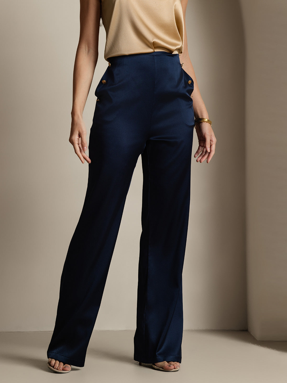 Women's 19Momme Silk High Waist Pants with Back Elastic Waist Design