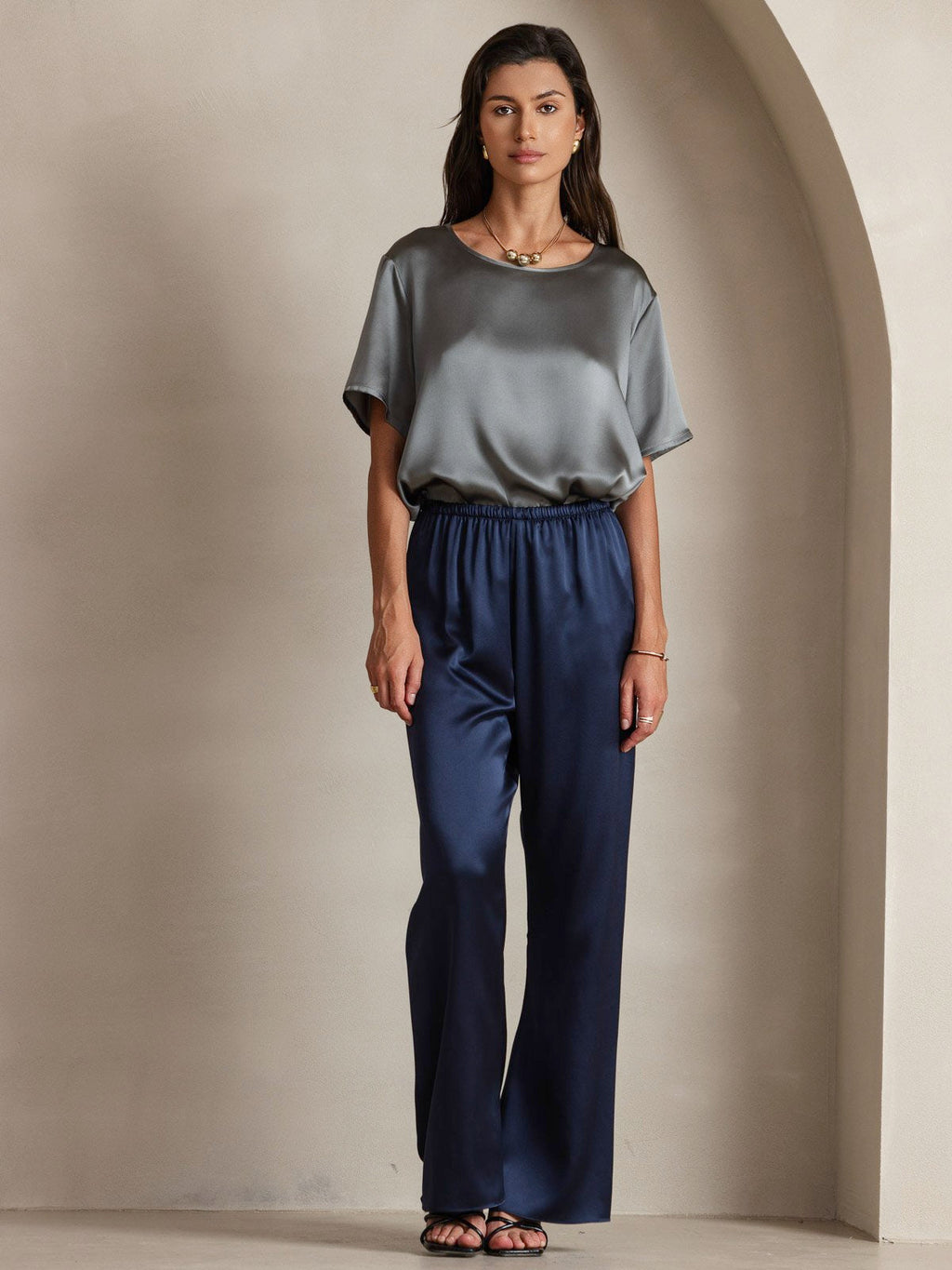19Momme Silk Wide Leg Women's Pants with Elastic Waist Design