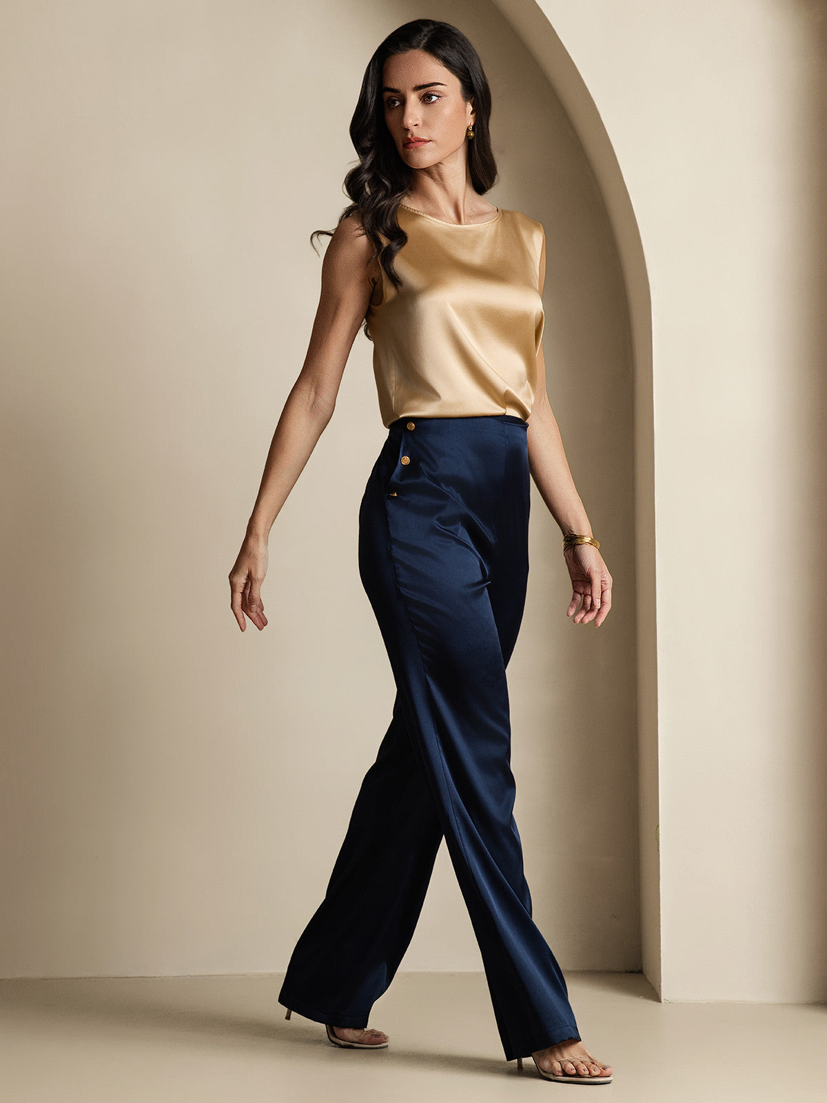 Women's 19Momme Silk High Waist Pants with Back Elastic Waist Design