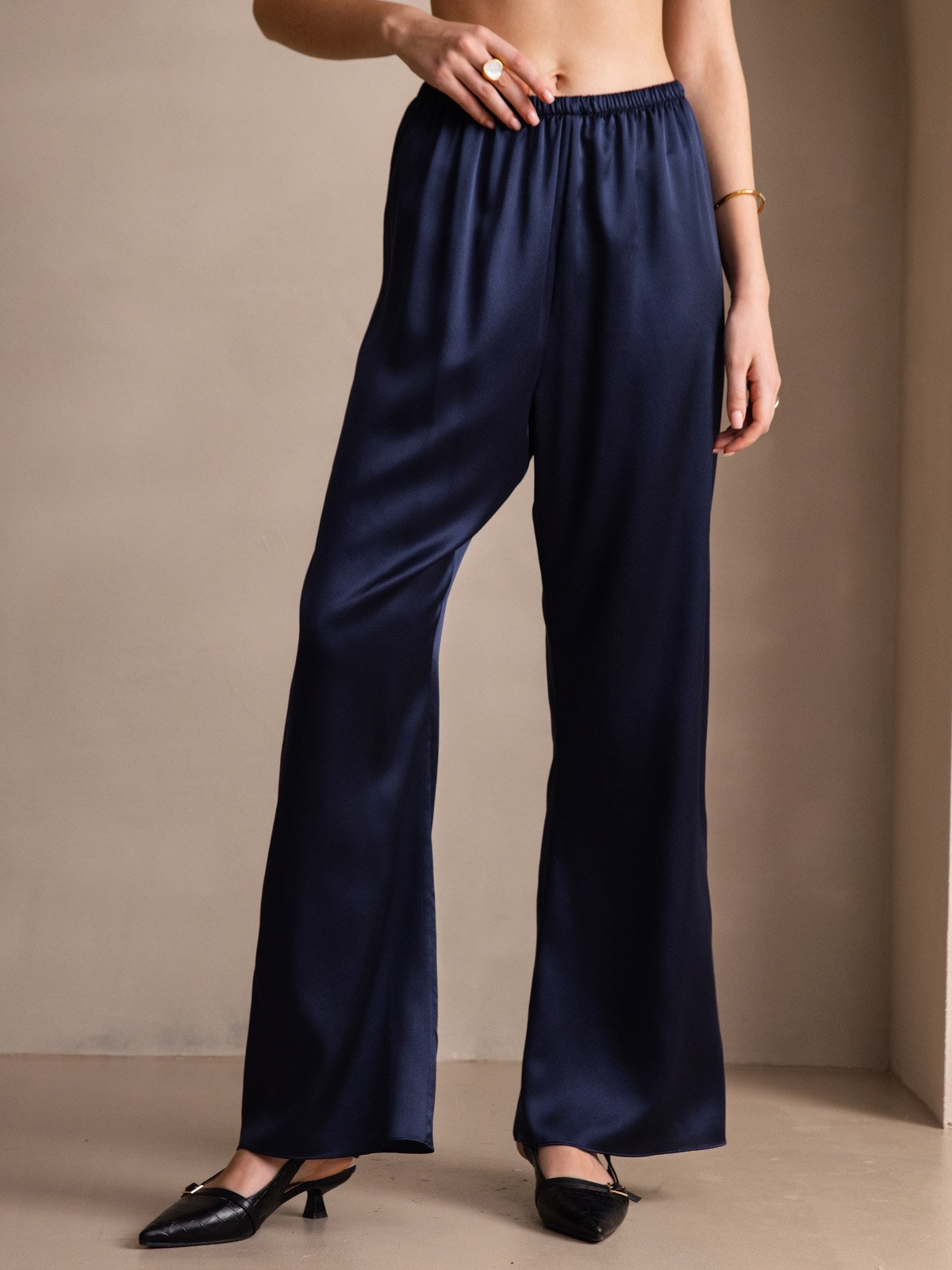19Momme Silk Wide Leg Women's Pants with Elastic Waist Design