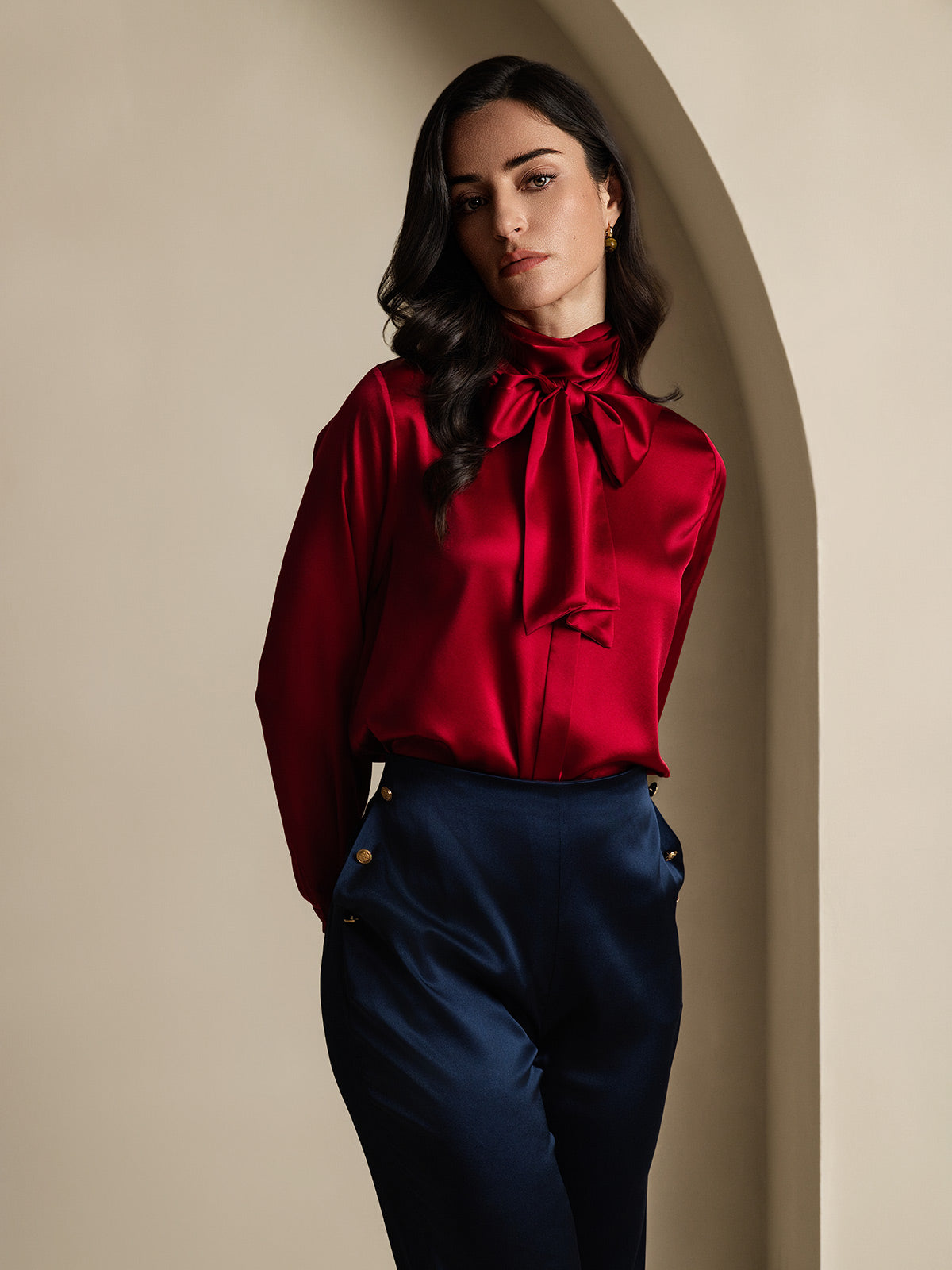 Women's 19Momme Silk High Waist Pants with Back Elastic Waist Design