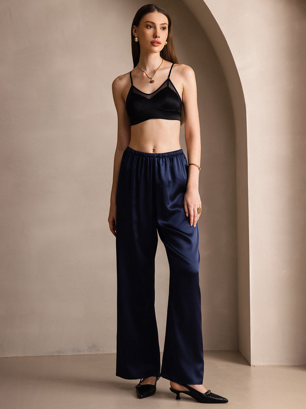 19Momme Silk Wide Leg Women's Pants with Elastic Waist Design