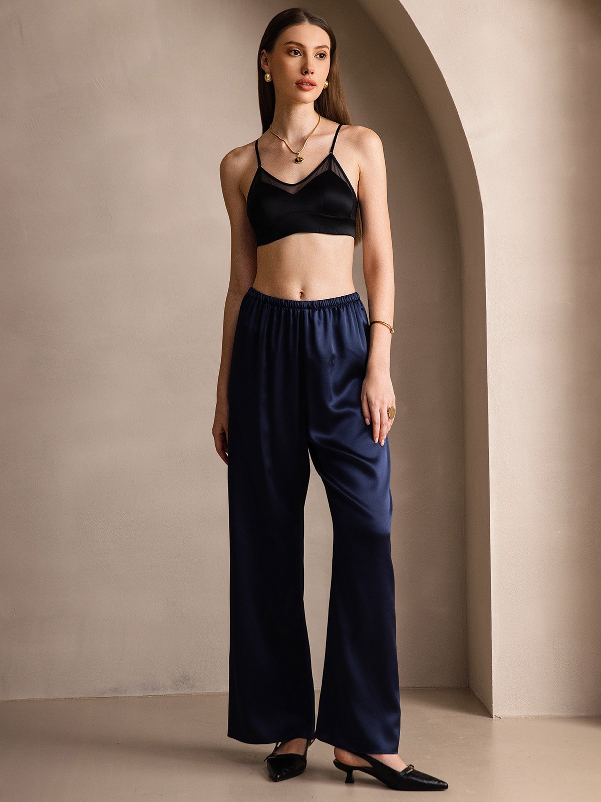 19Momme Silk Wide Leg Women's Pants with Elastic Waist Design