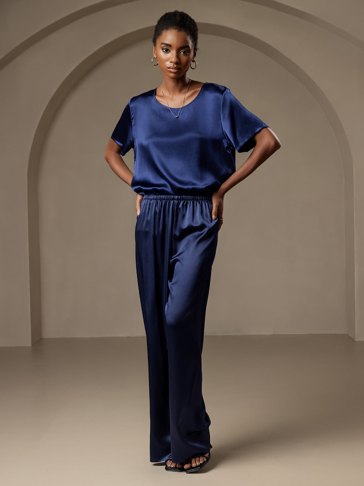 Pure Silk Wide Leg Women's Pants with Elastic Waist Design