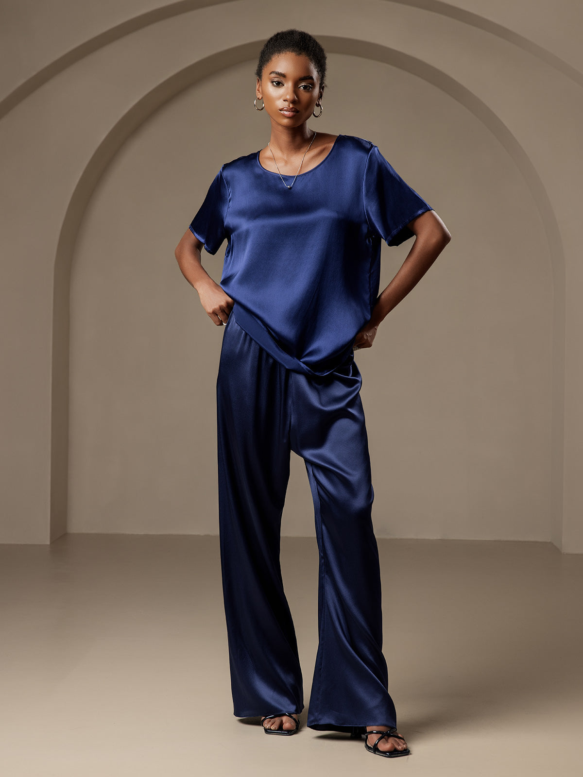 Pure Silk Wide Leg Women's Pants with Elastic Waist Design